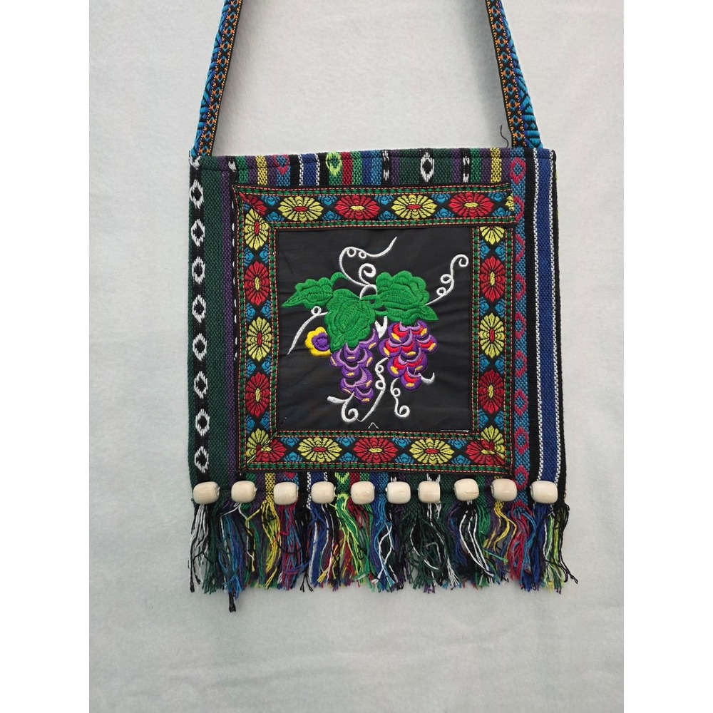 Boho Embroidered Grape Crossbody Bag Woven Artisan Fringe Festival Purse